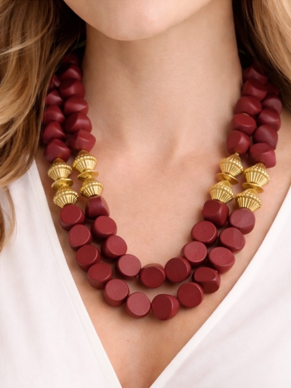 New Plunder Double Strand Burgundy Boho Chunky Statement Necklace